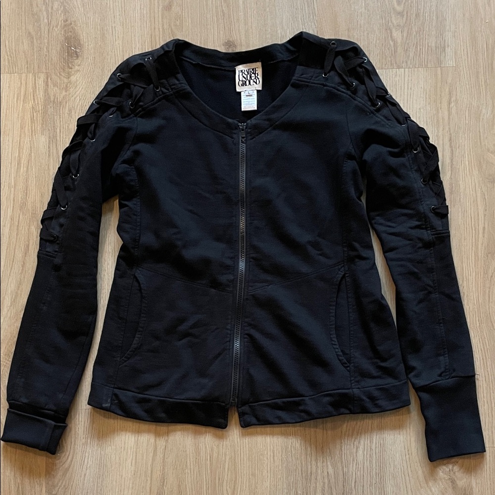 Prairie Underground Black Organic Cotton Zip up Jacket Size Large Made in USA
